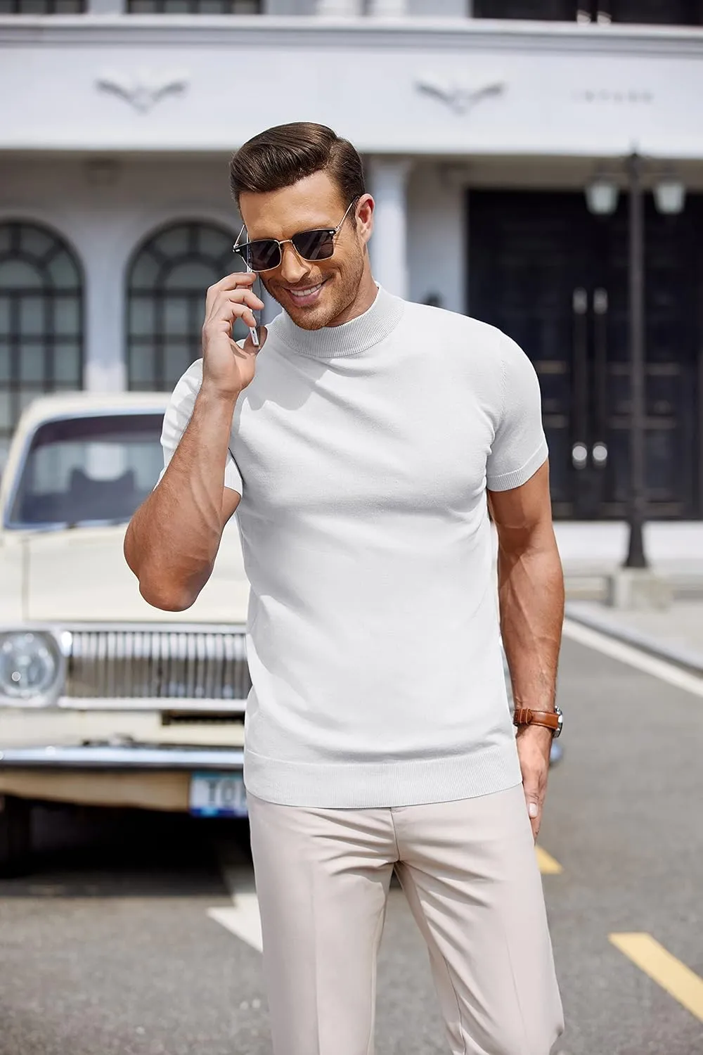 COOFANDY Mens Mock Turtleneck Sweater Short Sleeve Casual Dress Sweater Slim Fit Pullover Basic Knit Tee