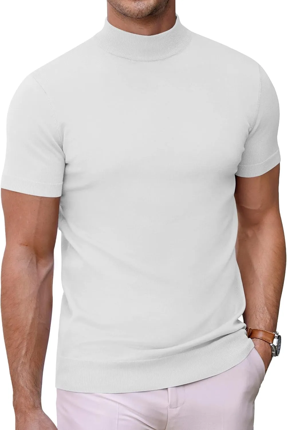 COOFANDY Mens Mock Turtleneck Sweater Short Sleeve Casual Dress Sweater Slim Fit Pullover Basic Knit Tee