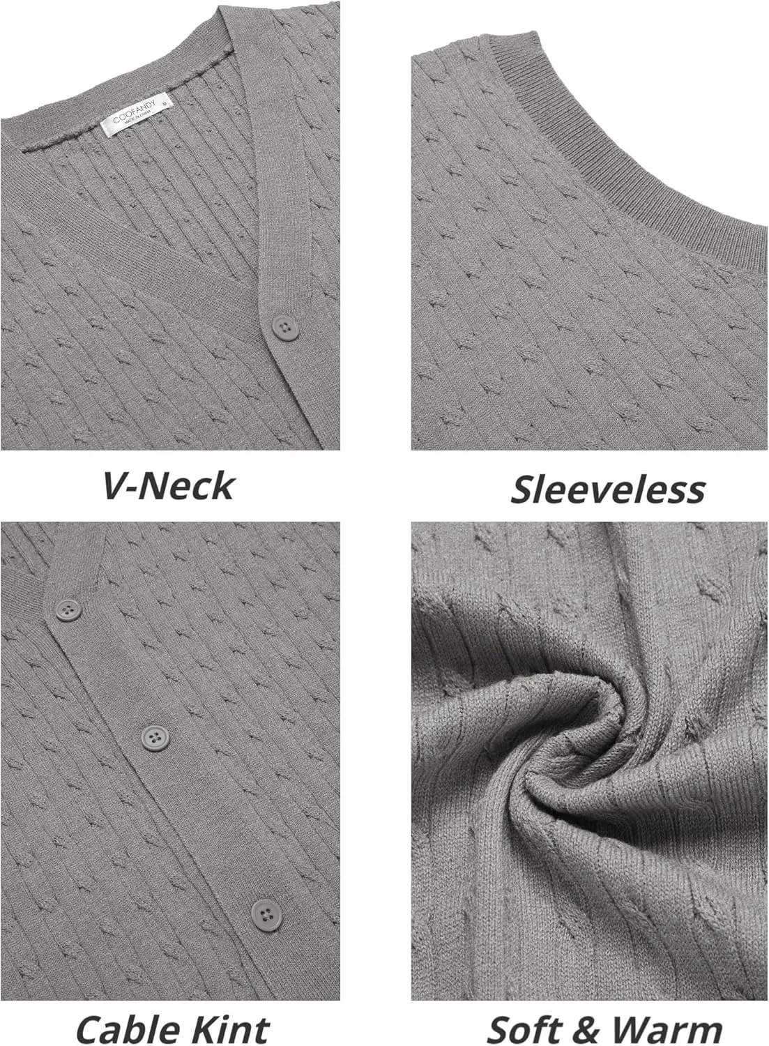 COOFANDY Men's Sleeveless Sweater Vest V-Neck Casual Cable Knit Button Down Cardigan Vest