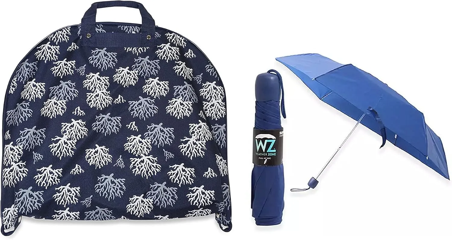 Coral Print Hanging Garment Bag With Mini Blue Umbrella ( 2 Item Bundle )