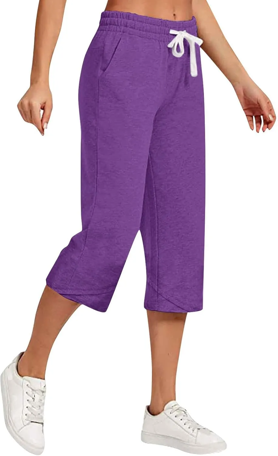 Cotton Linen Capri Pants for Women Drawstring Elastic Waist Summer Casual Loose Fit Solid Cropped Pants with Pockets