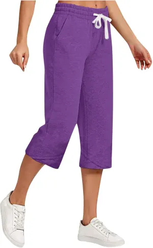 Cotton Linen Capri Pants for Women Drawstring Elastic Waist Summer Casual Loose Fit Solid Cropped Pants with Pockets
