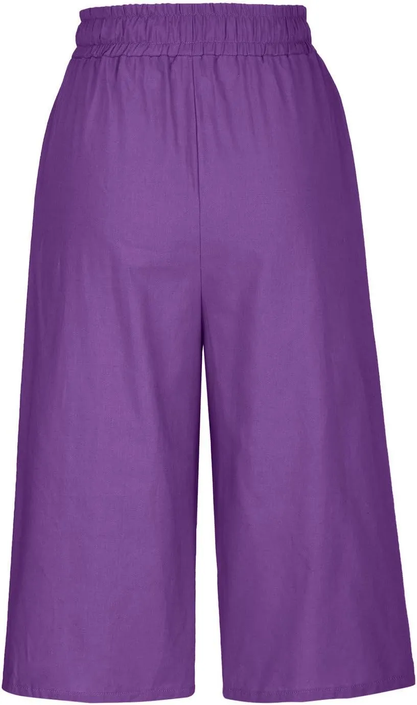 Cotton Linen Capri Pants for Women Drawstring Elastic Waist Summer Casual Loose Fit Solid Cropped Pants with Pockets
