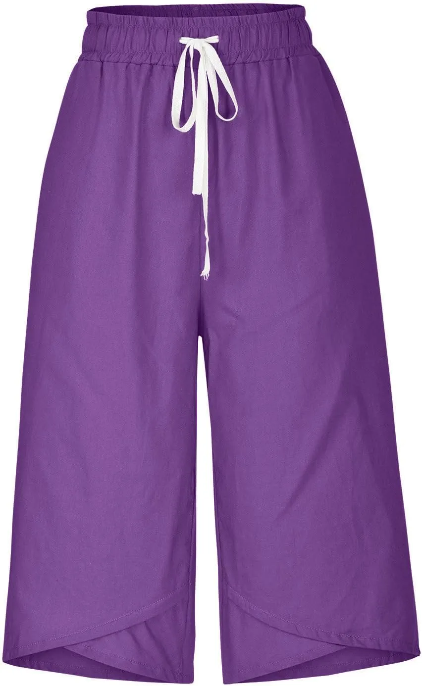 Cotton Linen Capri Pants for Women Drawstring Elastic Waist Summer Casual Loose Fit Solid Cropped Pants with Pockets