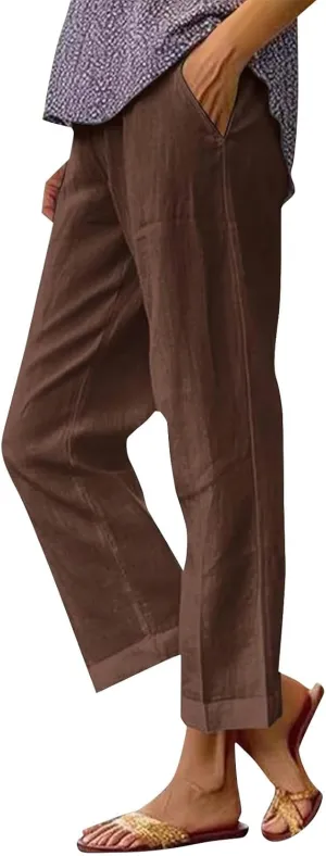 Cotton Linen Floral Cropped Pants for Women Summer Elastic Waist Straight Wide Leg Boho Beach Trouser with Pockets