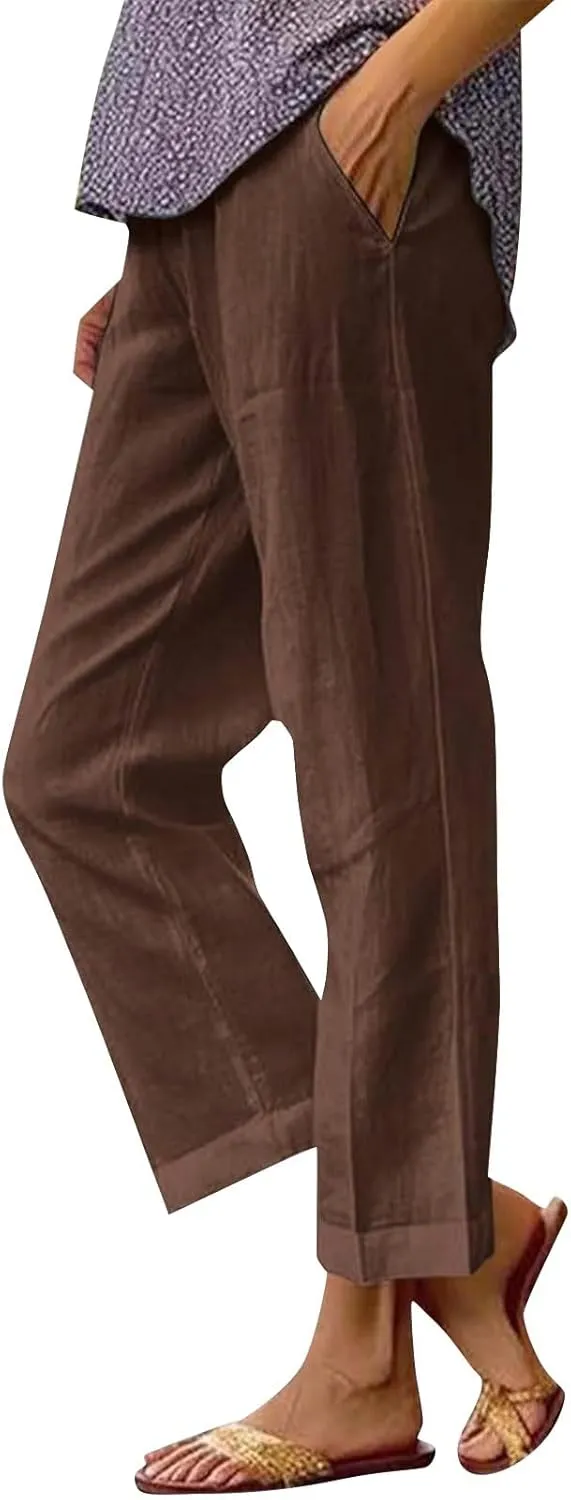 Cotton Linen Floral Cropped Pants for Women Summer Elastic Waist Straight Wide Leg Boho Beach Trouser with Pockets