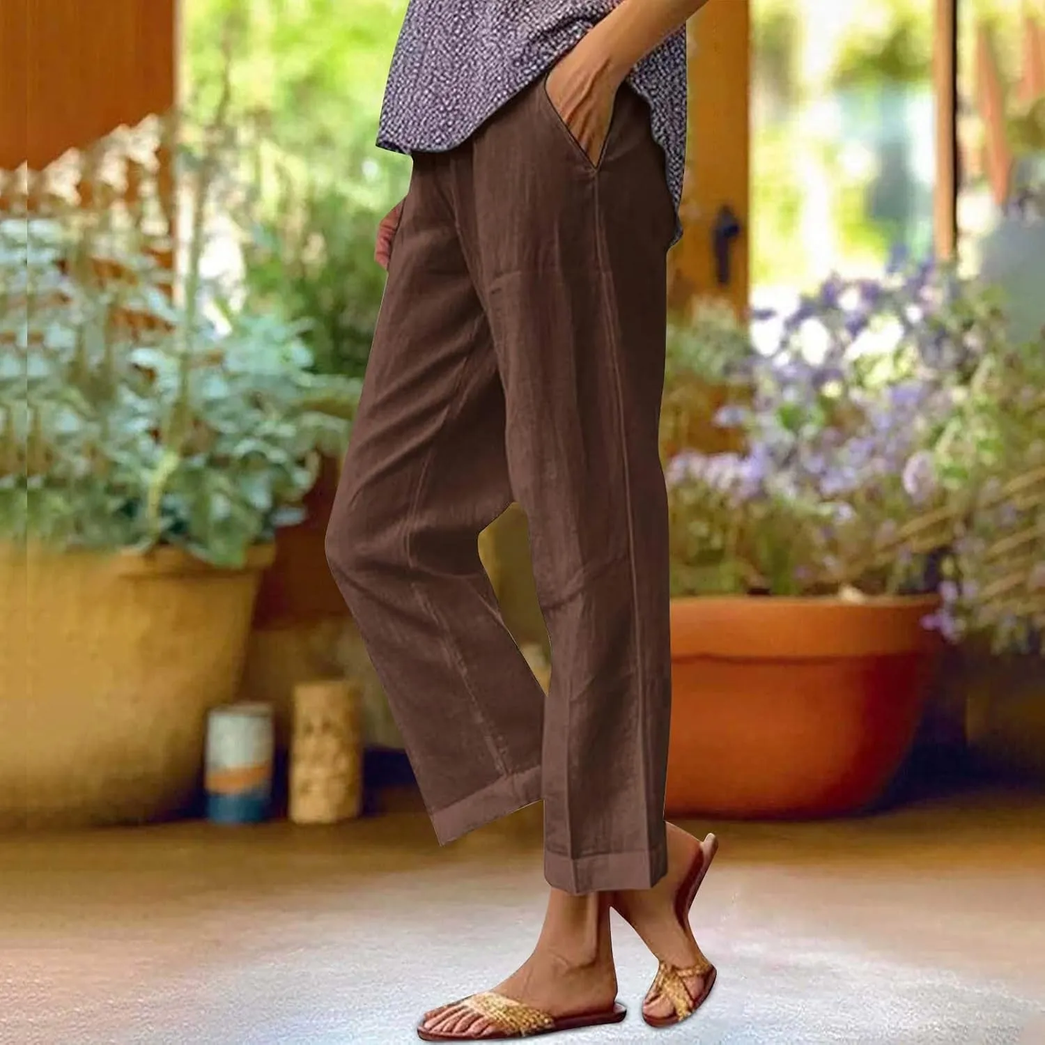 Cotton Linen Floral Cropped Pants for Women Summer Elastic Waist Straight Wide Leg Boho Beach Trouser with Pockets