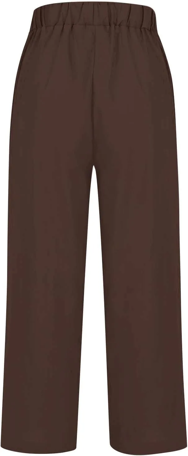 Cotton Linen Floral Cropped Pants for Women Summer Elastic Waist Straight Wide Leg Boho Beach Trouser with Pockets