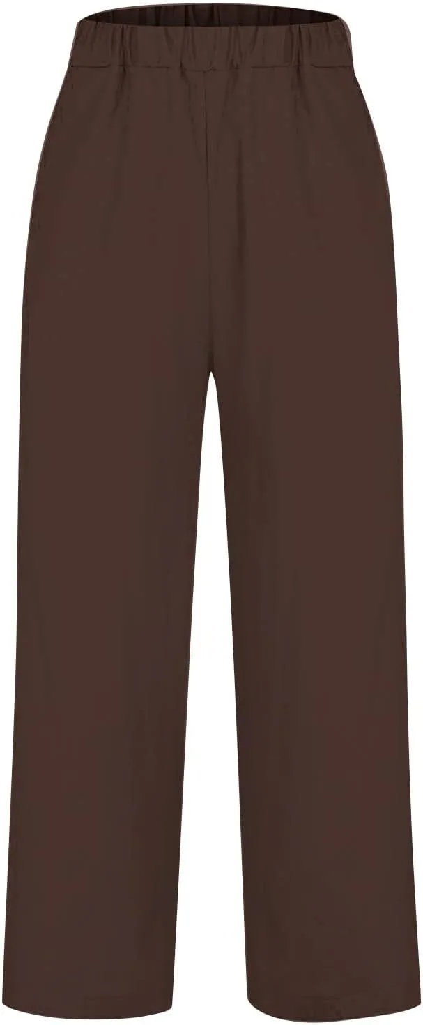 Cotton Linen Floral Cropped Pants for Women Summer Elastic Waist Straight Wide Leg Boho Beach Trouser with Pockets