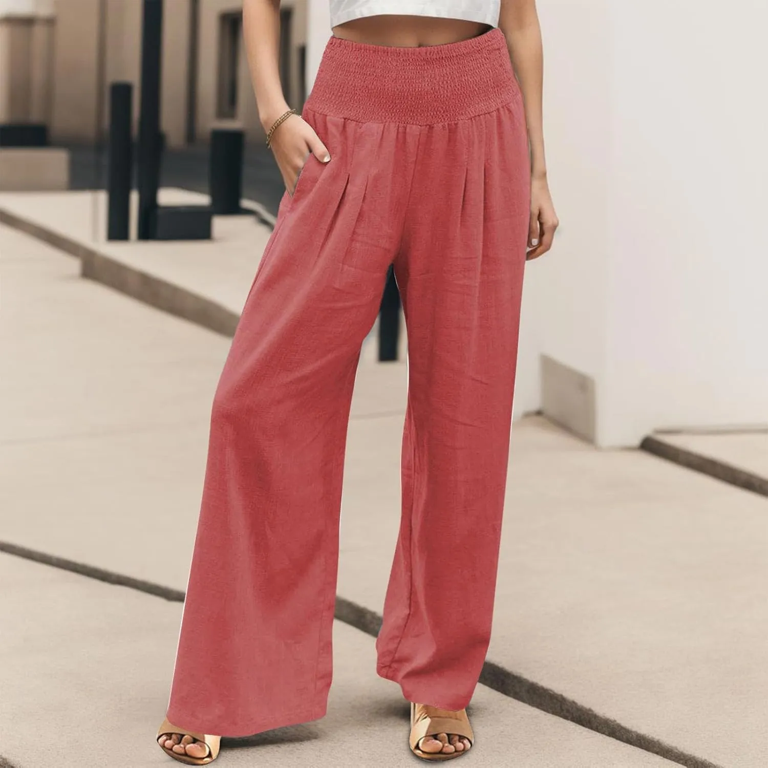 Cotton Linen Pants for Women Summer Casual Loose Wide Leg Palazzo Pants Smocked High Waist Flowy Beach Trousers