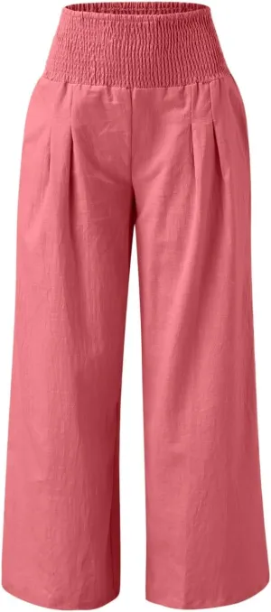 Cotton Linen Pants for Women Summer Casual Loose Wide Leg Palazzo Pants Smocked High Waist Flowy Beach Trousers