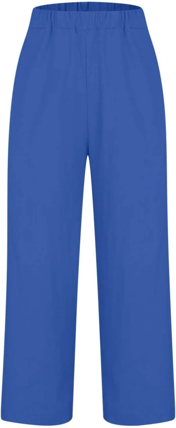 Cotton Linen Pants for Women Summer Lightweight Casual Cropped Pants Loose Fit Comfy Beach Trousers with Pockets