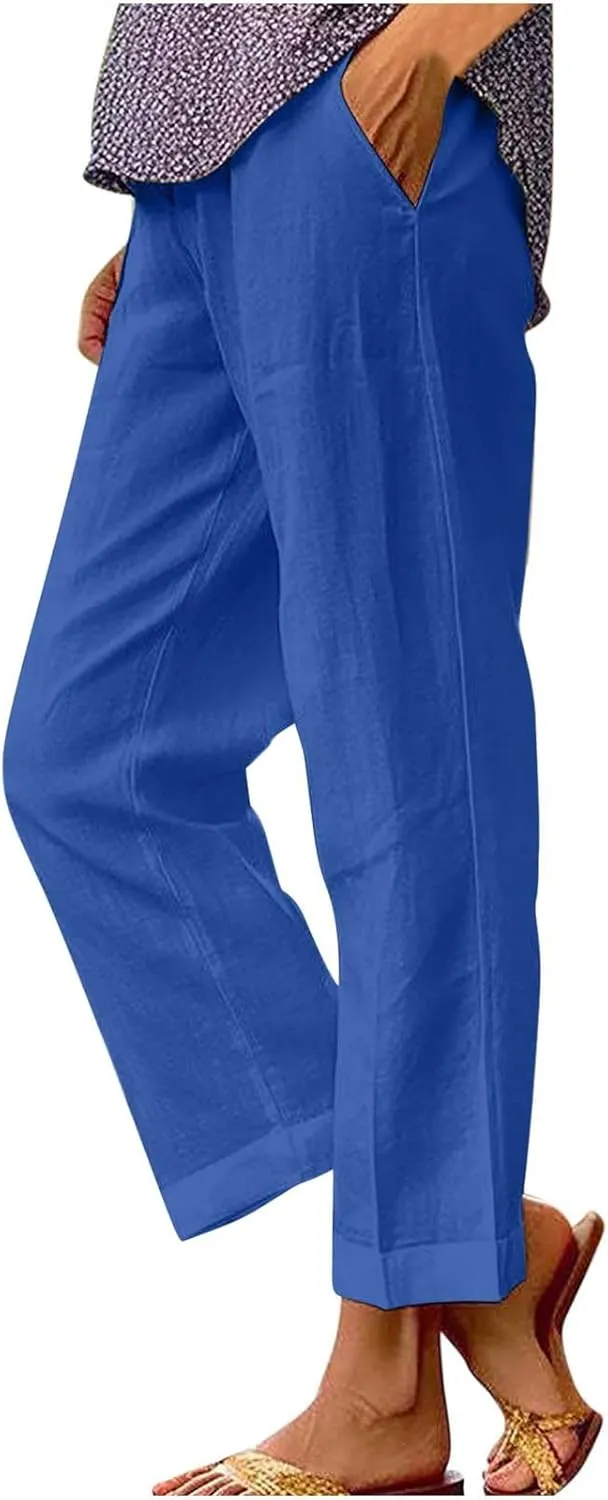Cotton Linen Pants for Women Summer Lightweight Casual Cropped Pants Loose Fit Comfy Beach Trousers with Pockets