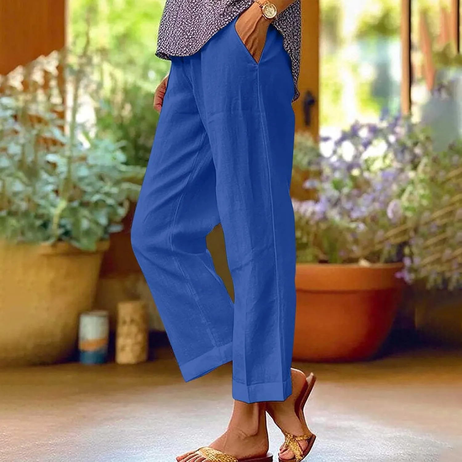 Cotton Linen Pants for Women Summer Lightweight Casual Cropped Pants Loose Fit Comfy Beach Trousers with Pockets
