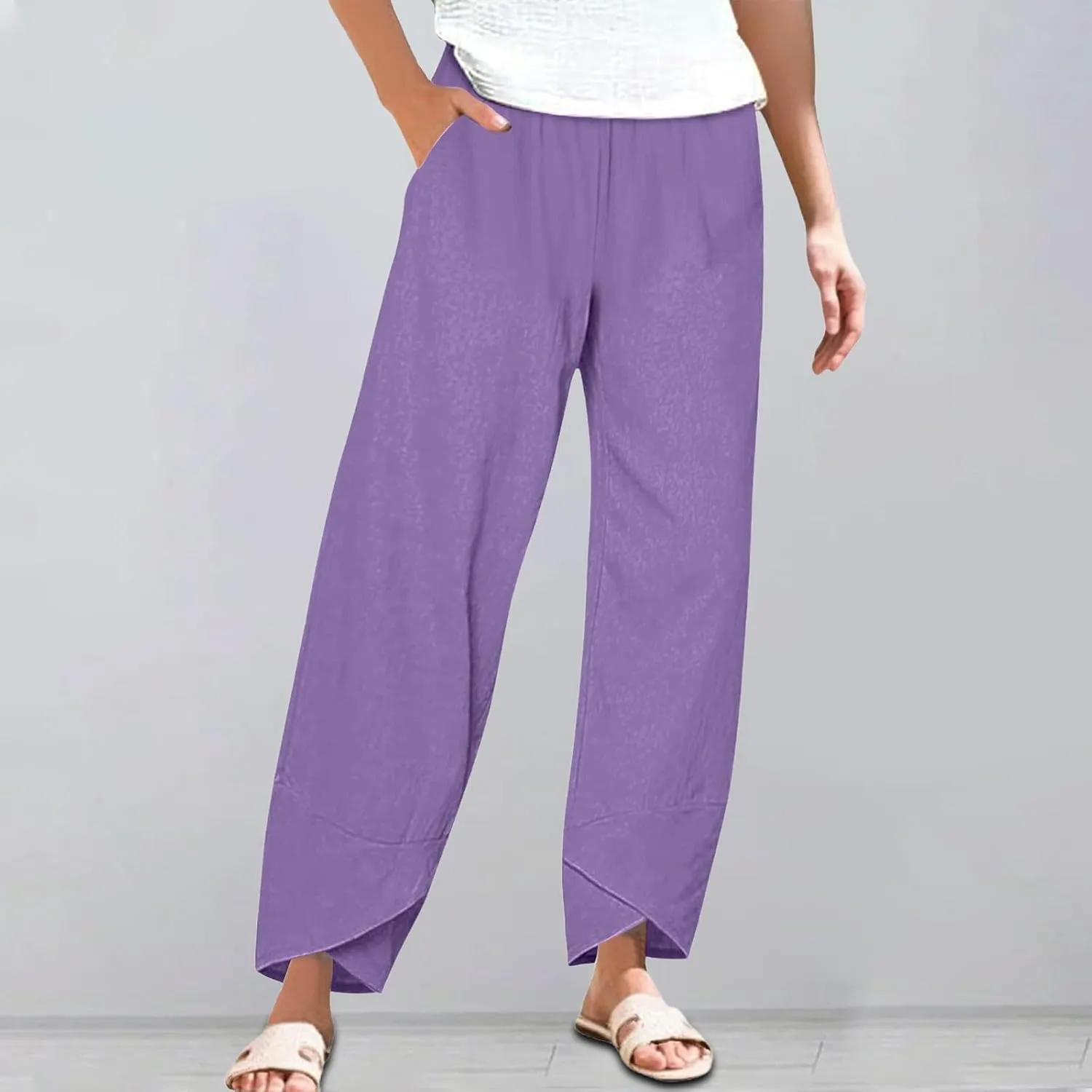 Cotton Linen Pants for Women Summer Straight Leg Elastic Waist Capri Pant Casual Loose Cropped Trousers with Pockets