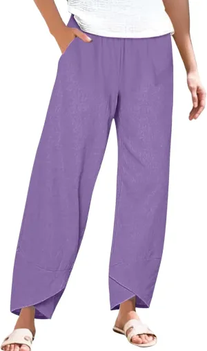 Cotton Linen Pants for Women Summer Straight Leg Elastic Waist Capri Pant Casual Loose Cropped Trousers with Pockets