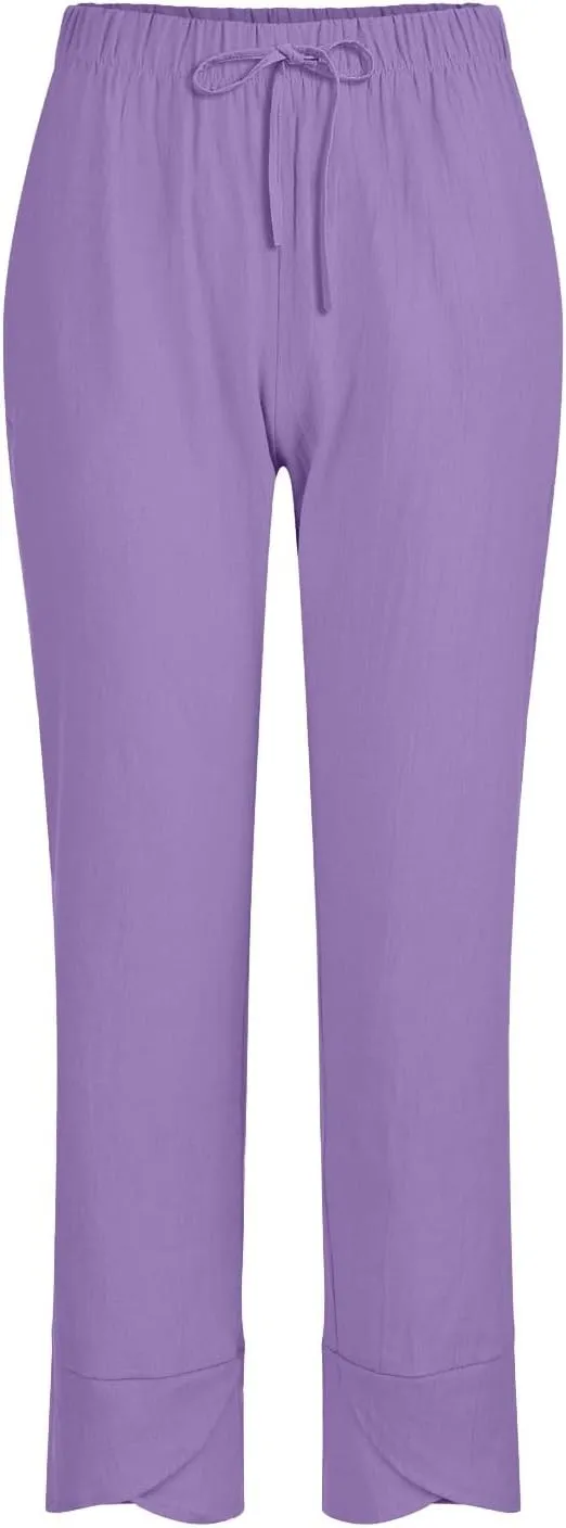 Cotton Linen Pants for Women Summer Straight Leg Elastic Waist Capri Pant Casual Loose Cropped Trousers with Pockets