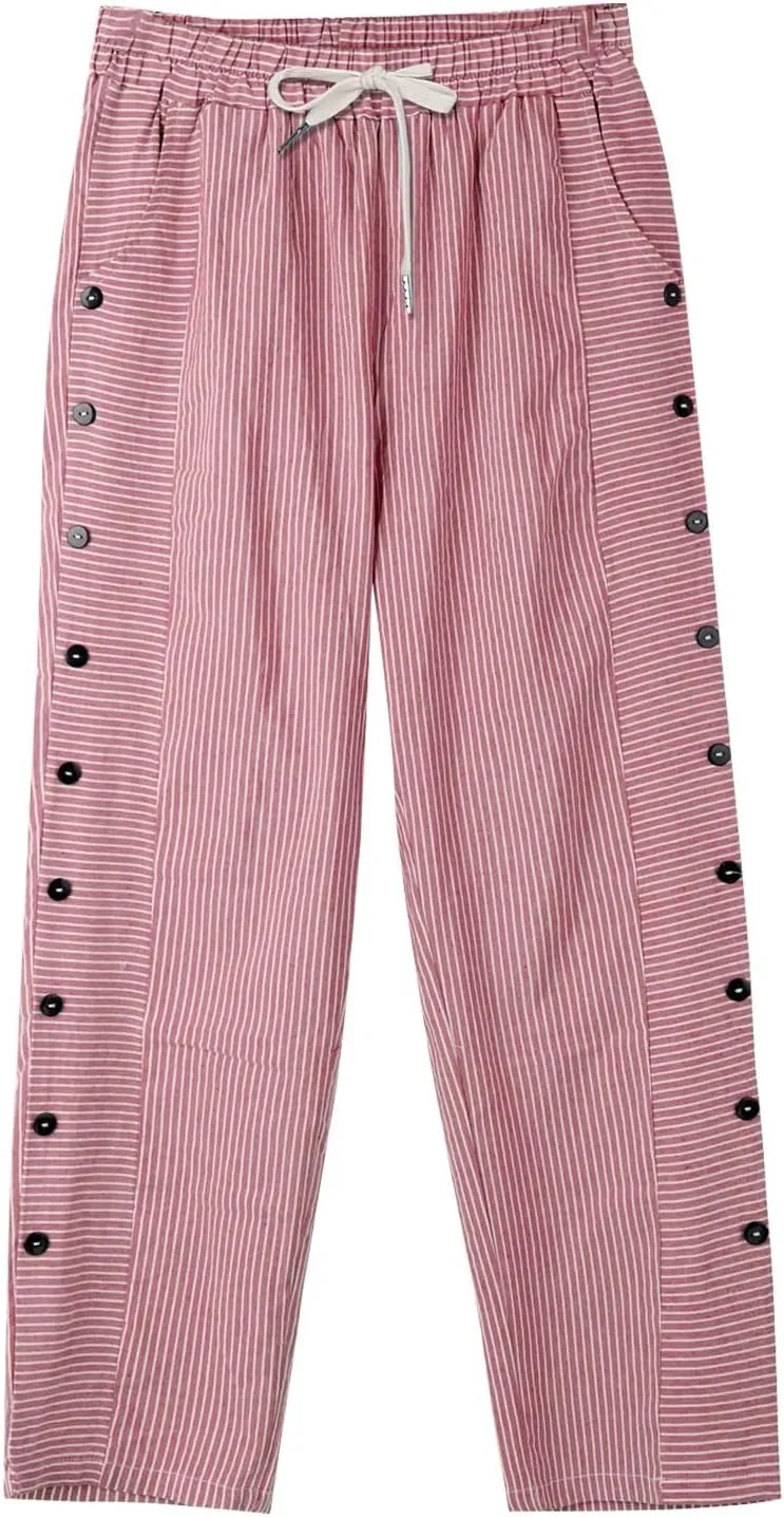 Cotton Linen Pants Women 2025 Summer High Waist Straight Leg Striped Cropped Pants Comfy Plus Size Lounge Trousers