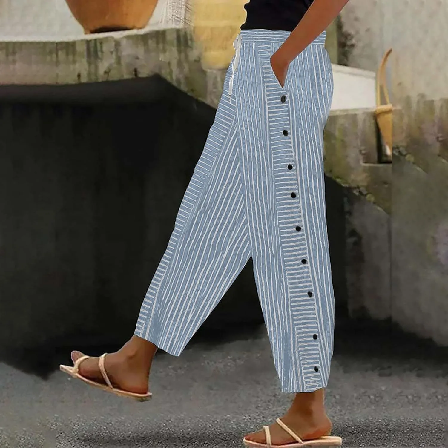 Cotton Linen Pants Women 2025 Summer High Waist Straight Leg Striped Cropped Pants Comfy Plus Size Lounge Trousers