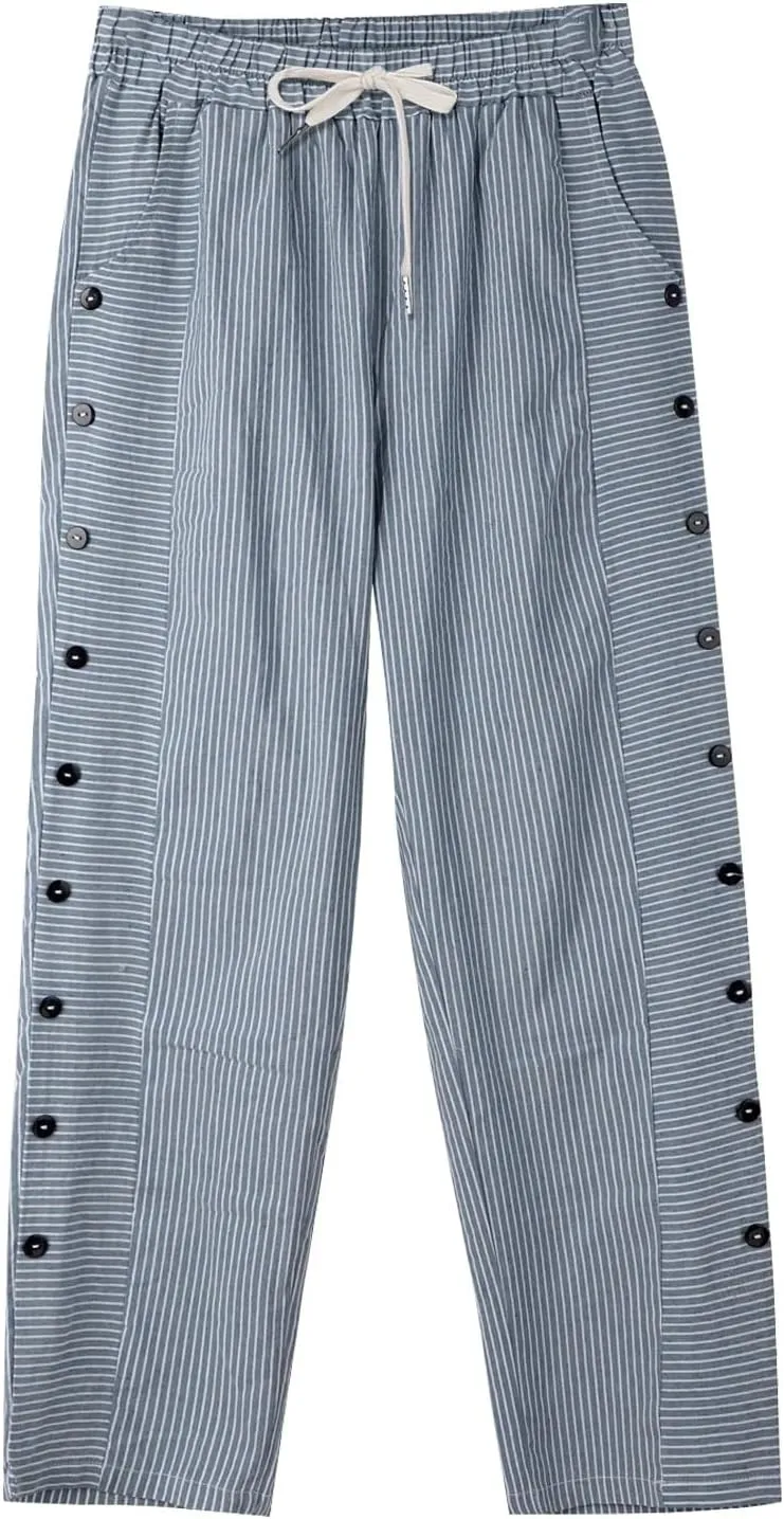 Cotton Linen Pants Women 2025 Summer High Waist Straight Leg Striped Cropped Pants Comfy Plus Size Lounge Trousers