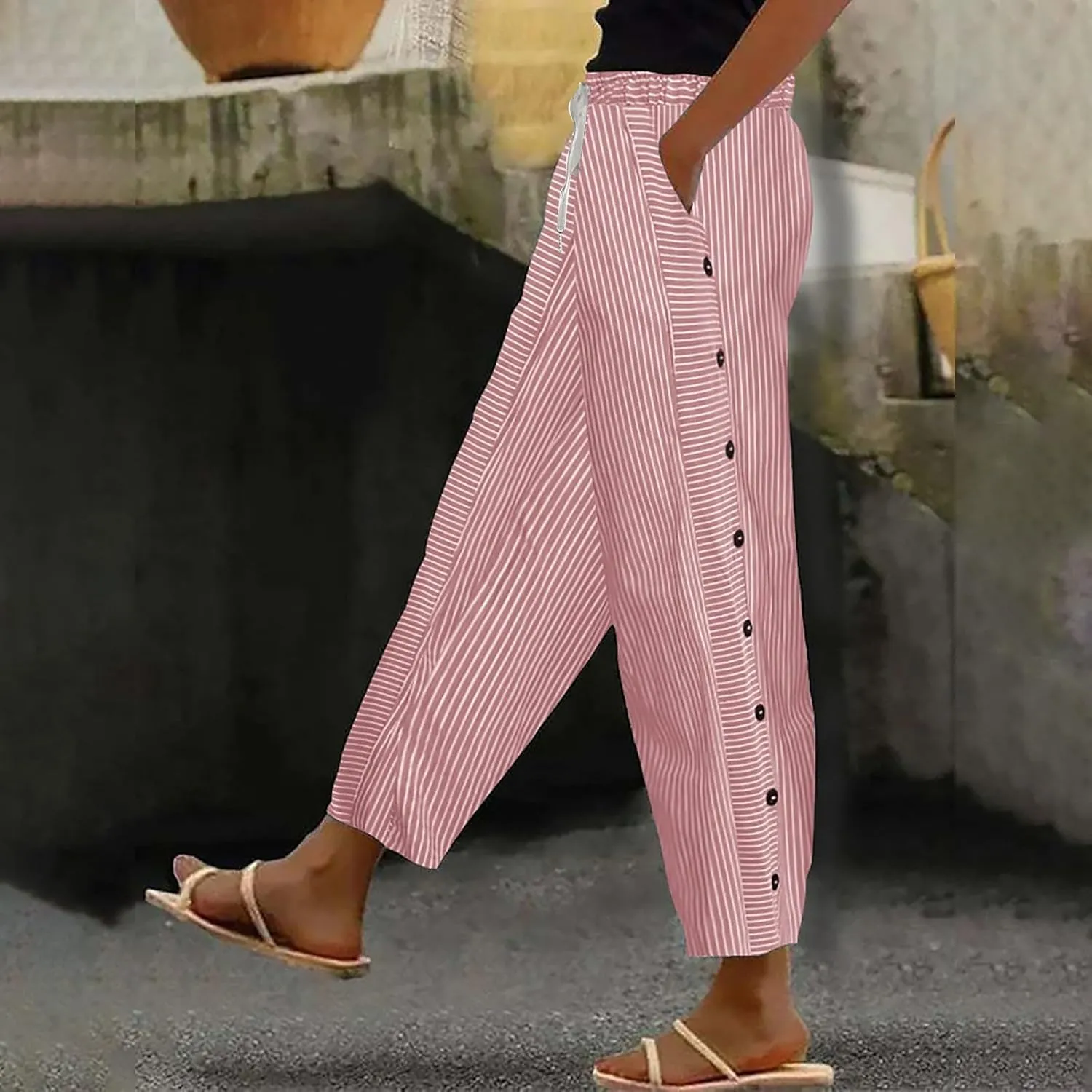 Cotton Linen Pants Women 2025 Summer High Waist Straight Leg Striped Cropped Pants Comfy Plus Size Lounge Trousers