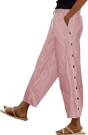 Cotton Linen Pants Women 2025 Summer High Waist Straight Leg Striped Cropped Pants Comfy Plus Size Lounge Trousers