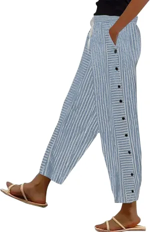 Cotton Linen Pants Women 2025 Summer High Waist Straight Leg Striped Cropped Pants Comfy Plus Size Lounge Trousers
