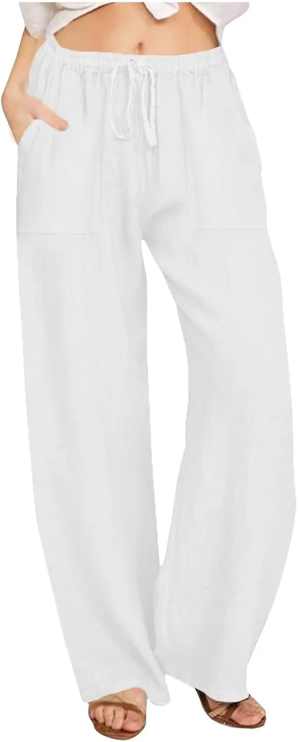 Cotton Linen Pants Women 2025 Summer Wide Leg Casual Loose Trousers Drawstring High Waist Palazzo Pants with Pockets