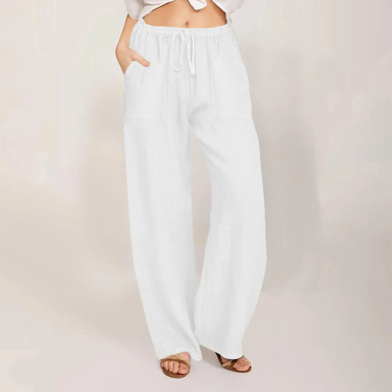 Cotton Linen Pants Women 2025 Summer Wide Leg Casual Loose Trousers Drawstring High Waist Palazzo Pants with Pockets