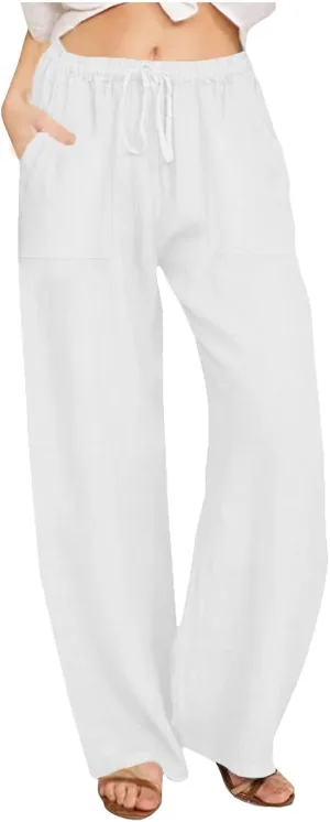 Cotton Linen Pants Women 2025 Summer Wide Leg Casual Loose Trousers Drawstring High Waist Palazzo Pants with Pockets
