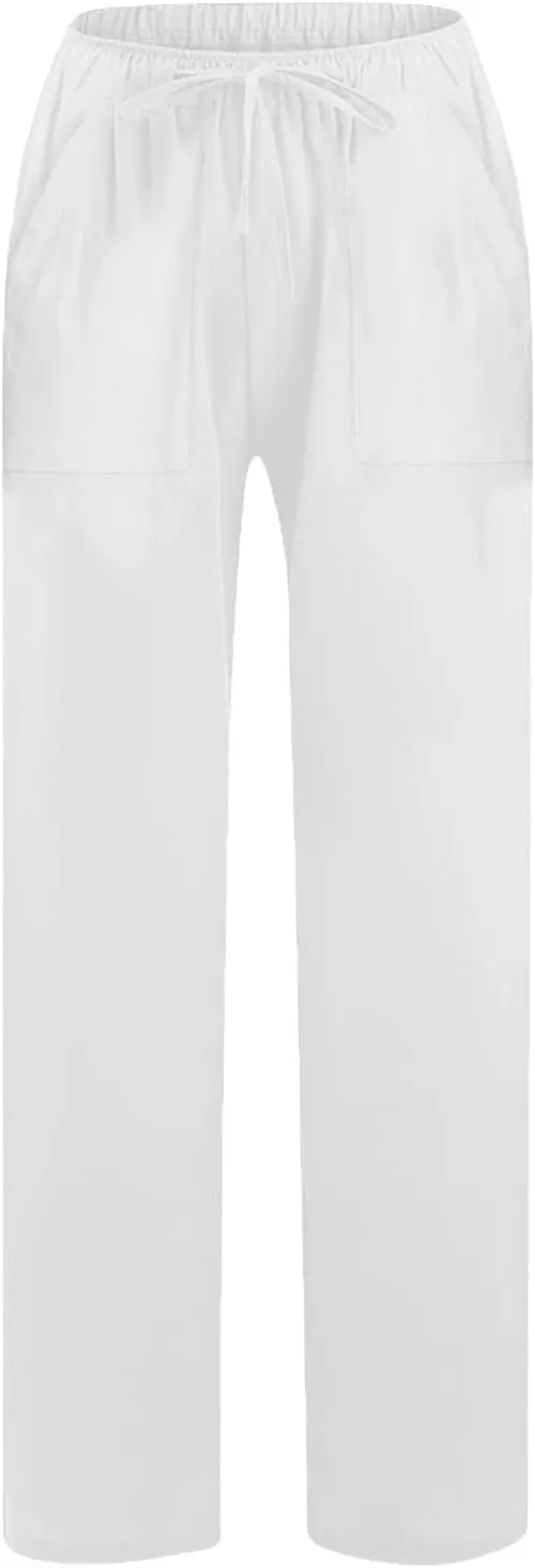 Cotton Linen Pants Women 2025 Summer Wide Leg Casual Loose Trousers Drawstring High Waist Palazzo Pants with Pockets