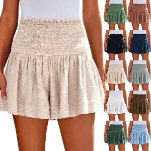 Cotton Linen Shorts for Women Trendy Smocked High Waisted Summer Shorts Casual Ruffle Wide Leg Lounge Short