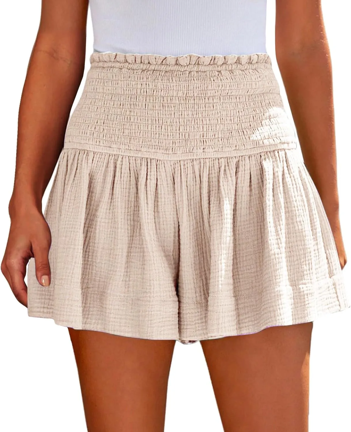 Cotton Linen Shorts for Women Trendy Smocked High Waisted Summer Shorts Casual Ruffle Wide Leg Lounge Short