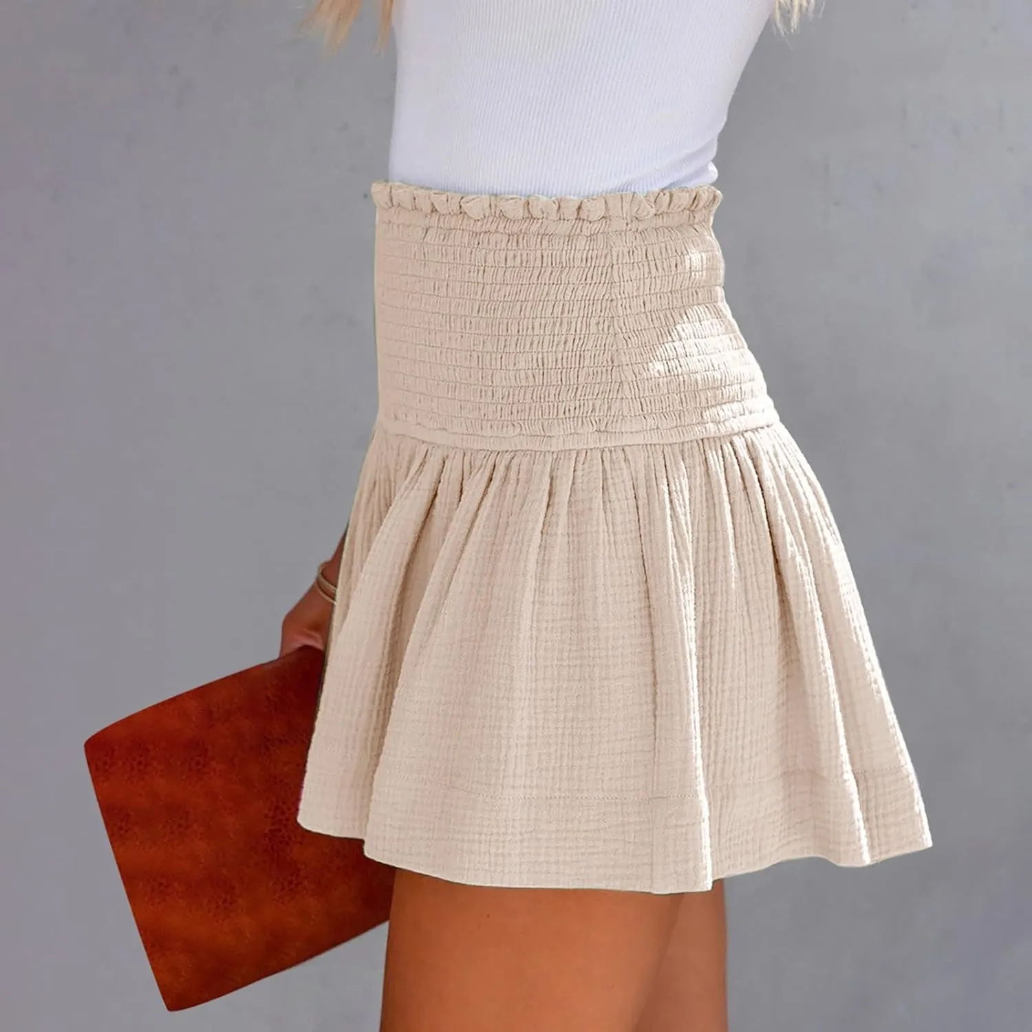 Cotton Linen Shorts for Women Trendy Smocked High Waisted Summer Shorts Casual Ruffle Wide Leg Lounge Short