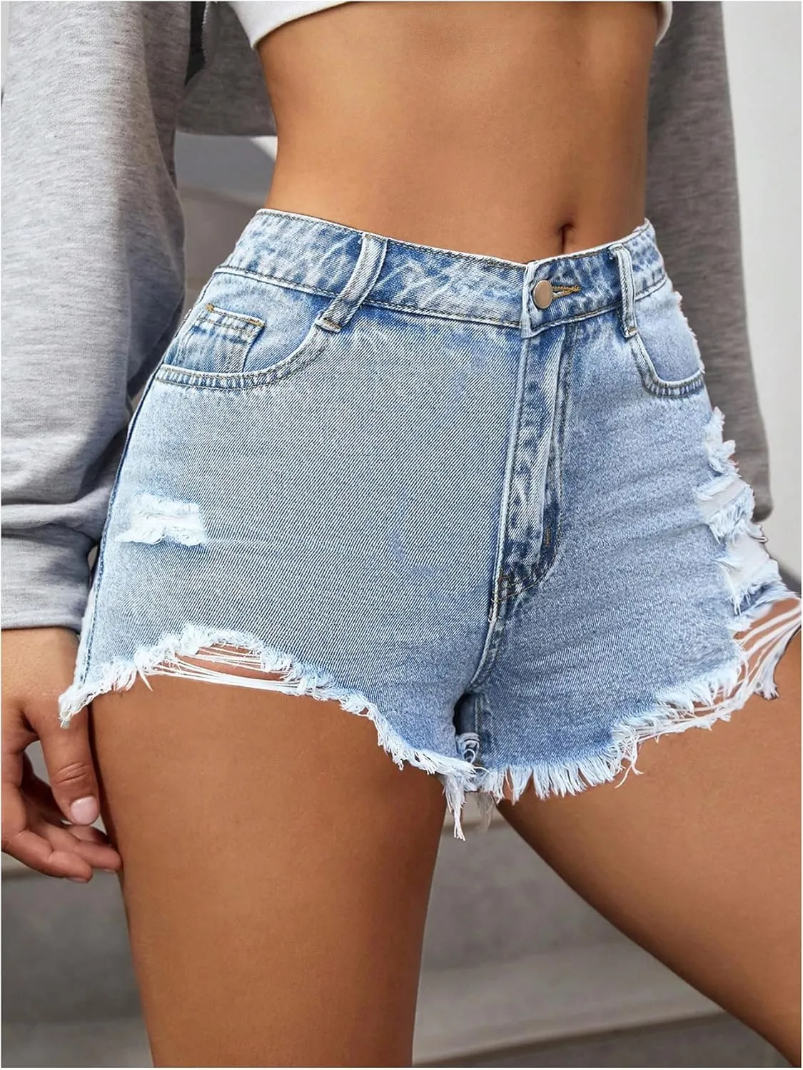 COZYEASE Women's Ripped Raw Trim Denim Shorts Plain Zipper Fly Straight Leg Jean Shorts
