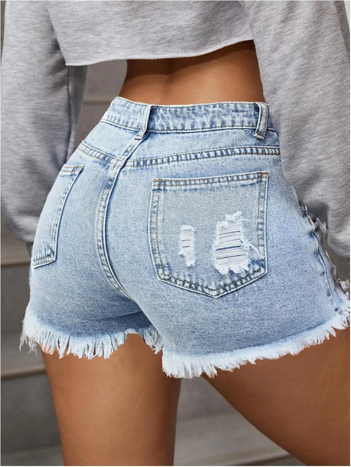 COZYEASE Women's Ripped Raw Trim Denim Shorts Plain Zipper Fly Straight Leg Jean Shorts