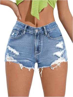 COZYEASE Women's Ripped Raw Trim Denim Shorts Plain Zipper Fly Straight Leg Jean Shorts