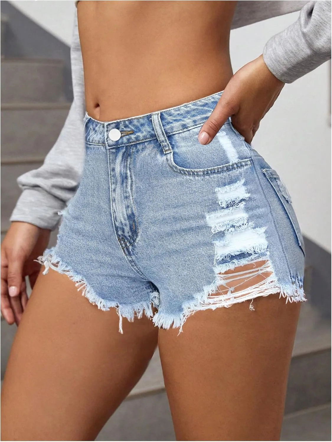 COZYEASE Women's Ripped Raw Trim Denim Shorts Plain Zipper Fly Straight Leg Jean Shorts