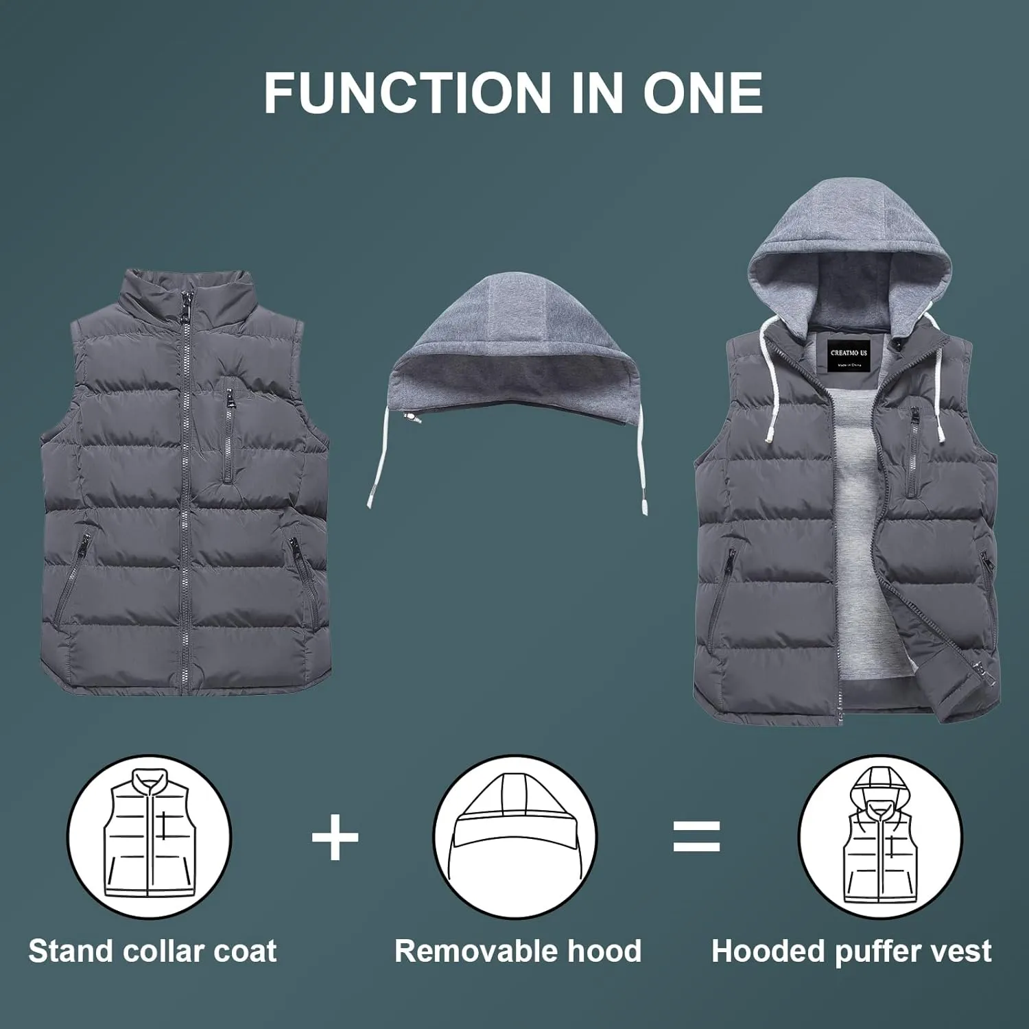 CREATMO US Women's Warm Vest Outerwear Thick Padded Puffer Sleeveless Vest With Detachable Hood