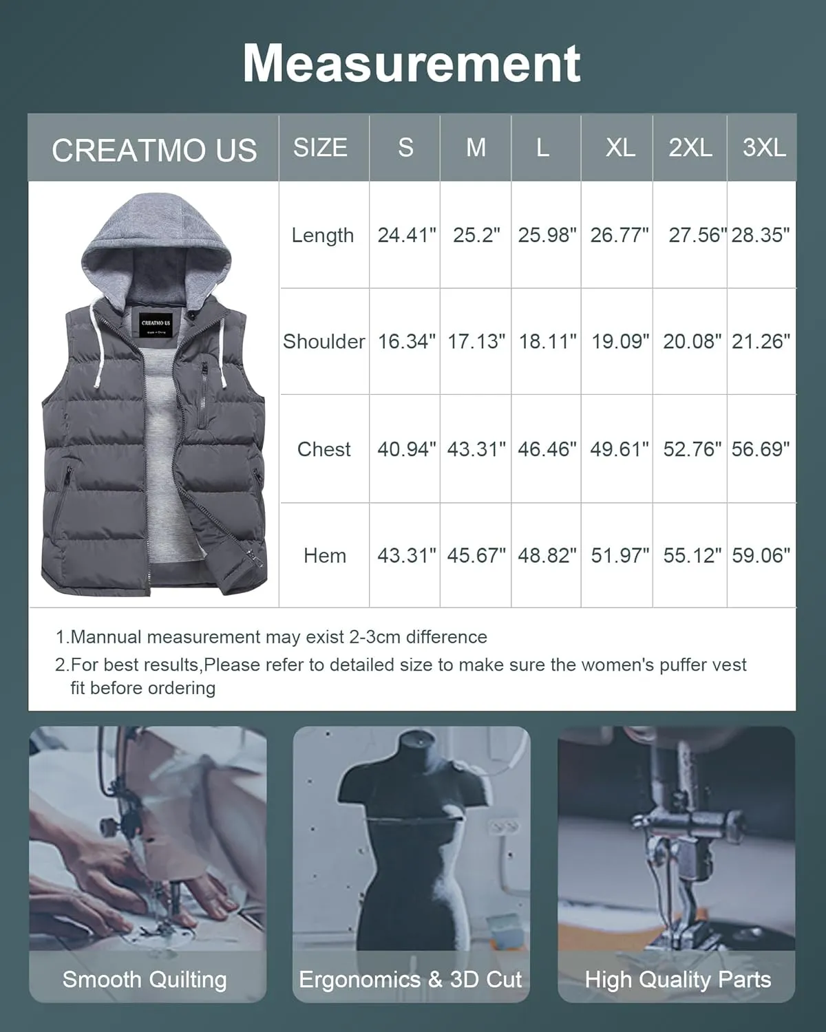 CREATMO US Women's Warm Vest Outerwear Thick Padded Puffer Sleeveless Vest With Detachable Hood