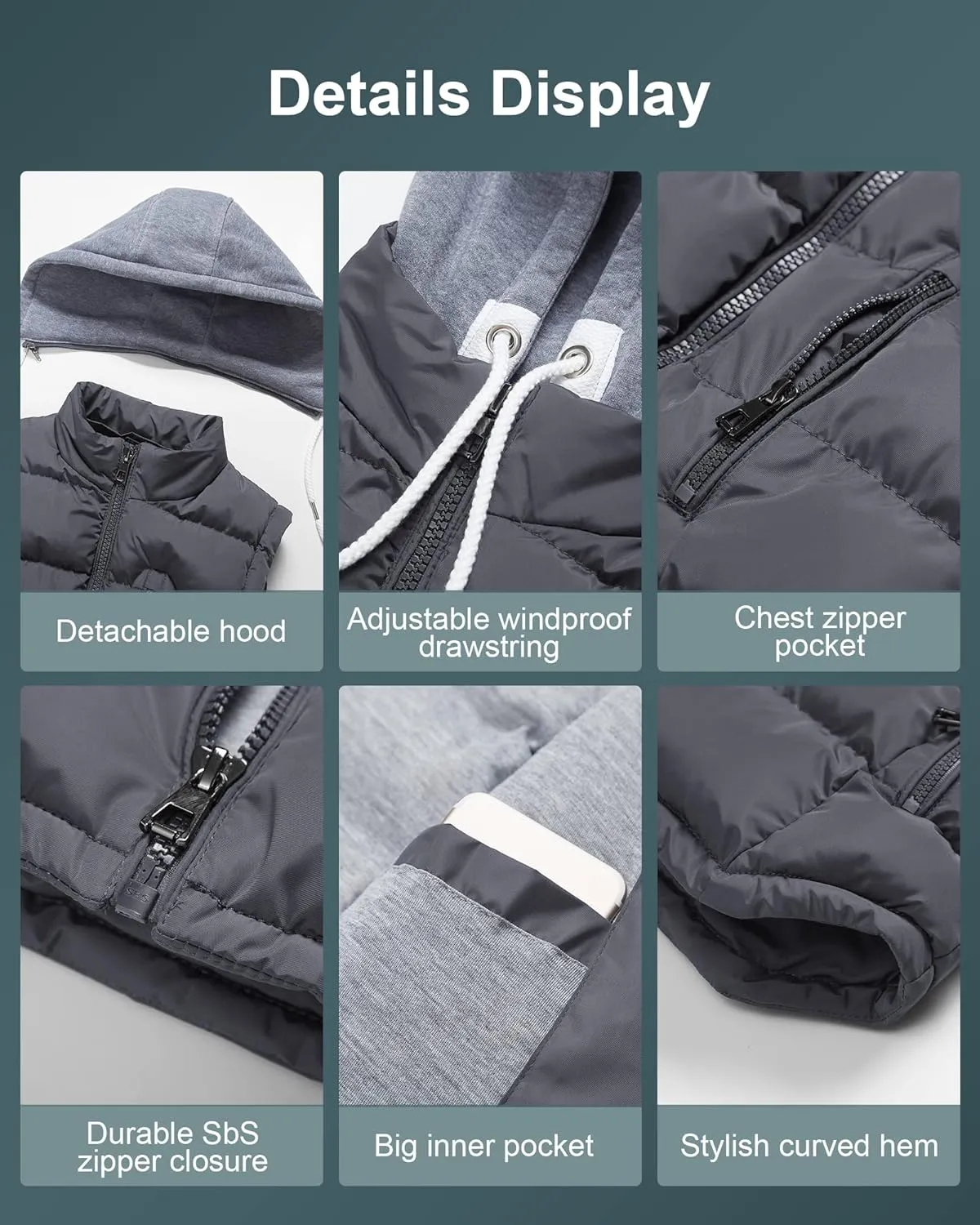 CREATMO US Women's Warm Vest Outerwear Thick Padded Puffer Sleeveless Vest With Detachable Hood