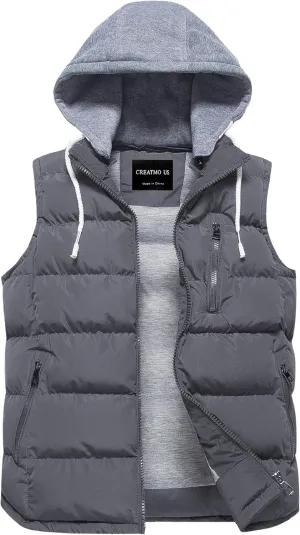 CREATMO US Women's Warm Vest Outerwear Thick Padded Puffer Sleeveless Vest With Detachable Hood