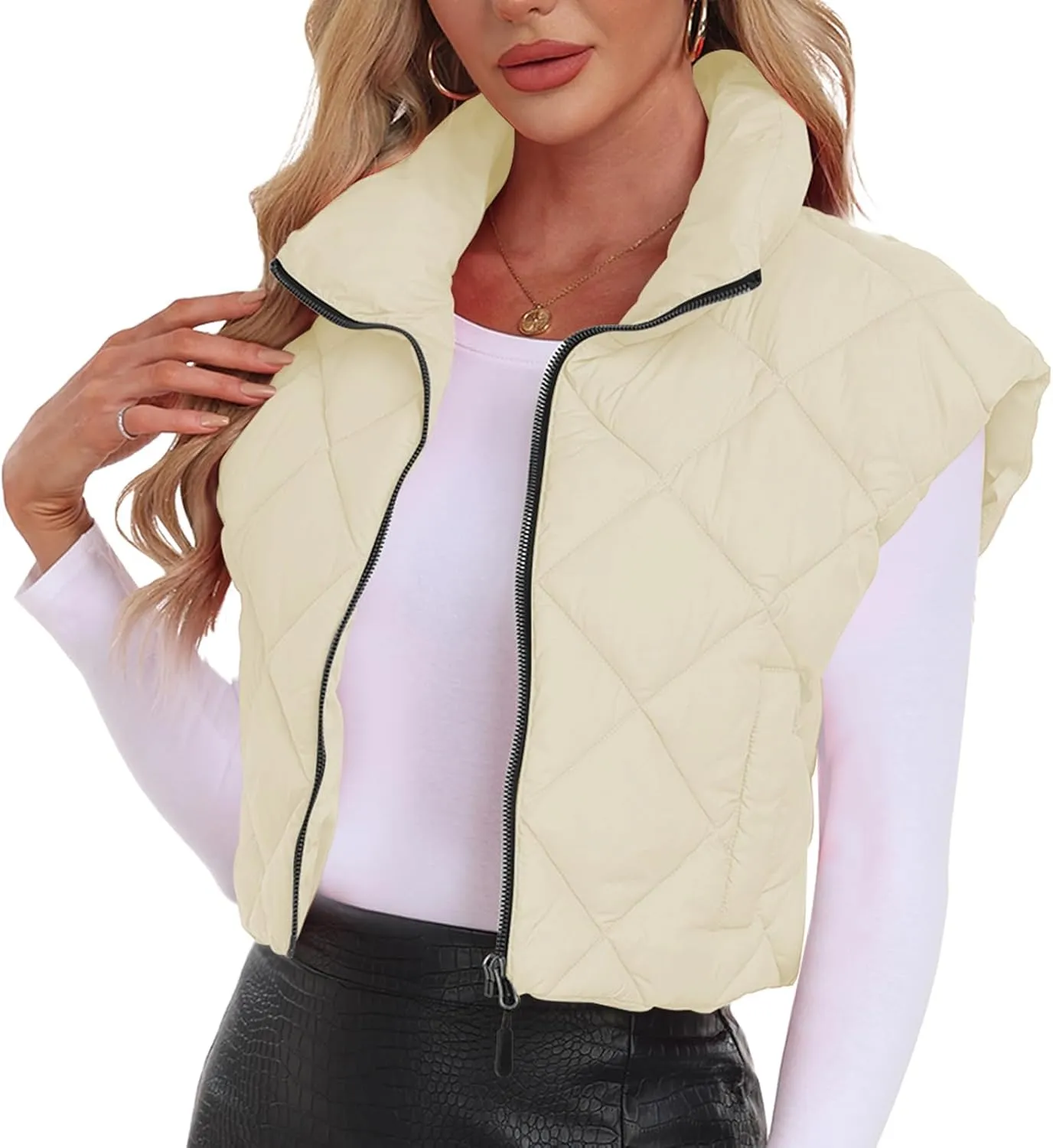 Cropped Puffer Vest Women Lightweight Sleeveless Bubble Short Puffer Vest Stand Collar Zip up Outerwear Winter HH24072