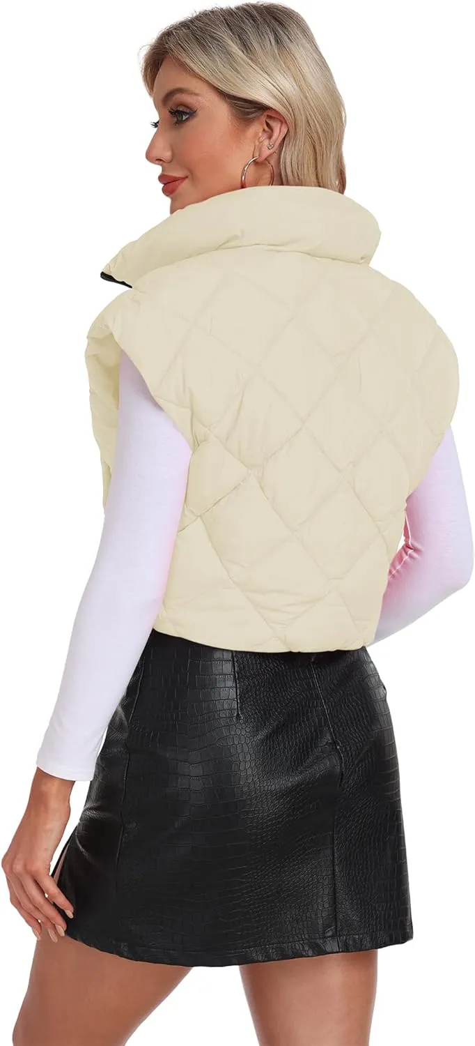 Cropped Puffer Vest Women Lightweight Sleeveless Bubble Short Puffer Vest Stand Collar Zip up Outerwear Winter HH24072