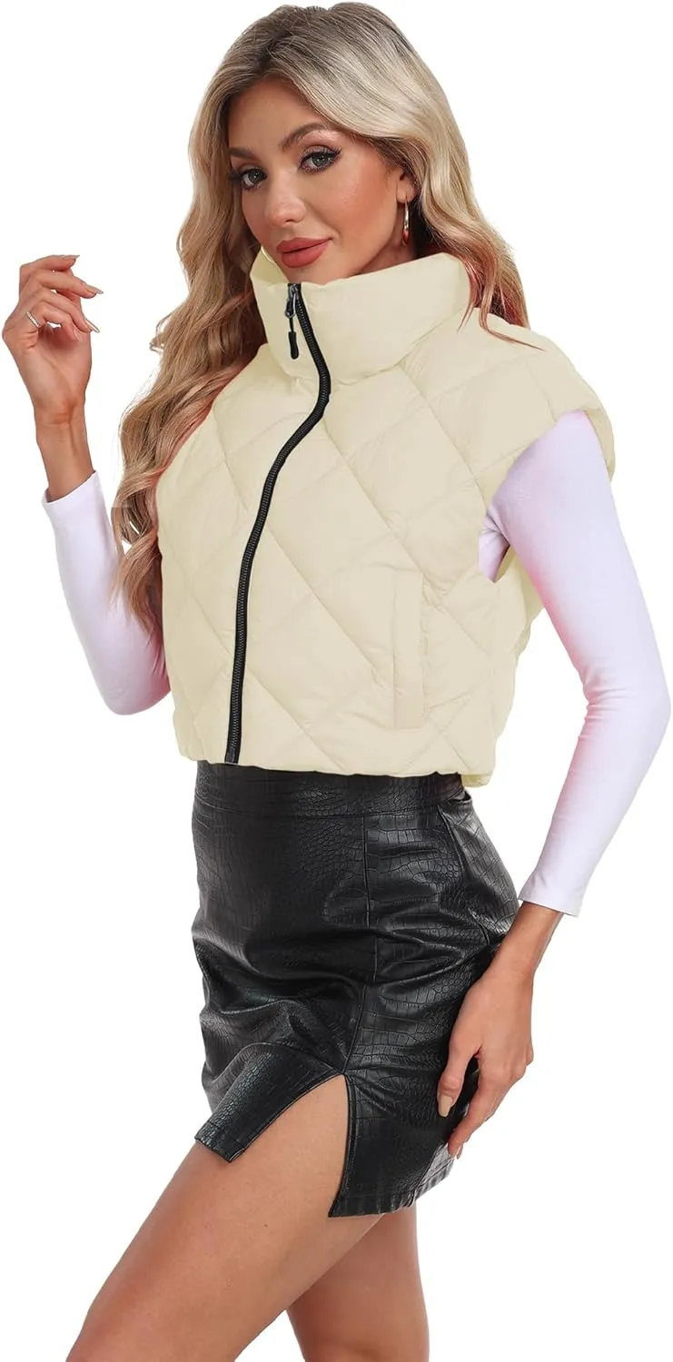 Cropped Puffer Vest Women Lightweight Sleeveless Bubble Short Puffer Vest Stand Collar Zip up Outerwear Winter HH24072