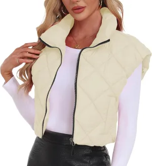 Cropped Puffer Vest Women Lightweight Sleeveless Bubble Short Puffer Vest Stand Collar Zip up Outerwear Winter HH24072