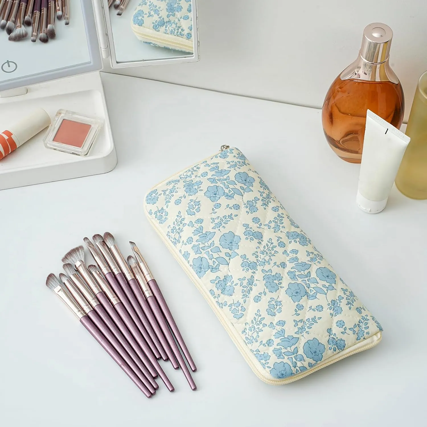 Cute Floral Bag for Makeup Brushes - Ideal for Travel & Daily Use Makeup Brushes Pouch for Women (Blue Floral)