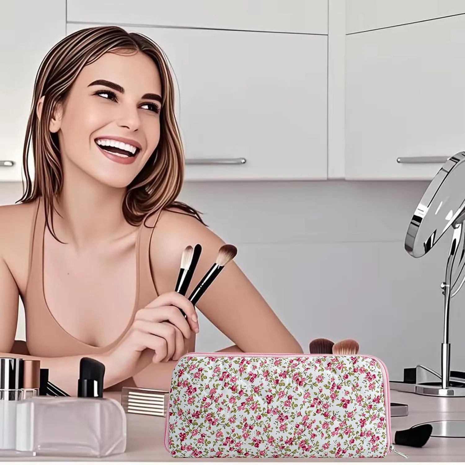 Cute Floral Bag for Makeup Brushes - Ideal for Travel & Daily Use Makeup Brushes Pouch for Women (Red Floral)