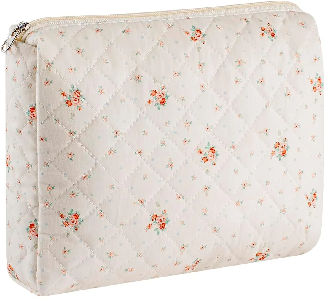 Cute Floral Makeup Bag Large Cotton Quilted Cosmetic Bag, Aesthetic Essential Bag Toiletry Period Bag for Women Travel Accessories (Yellow Small Flowers)