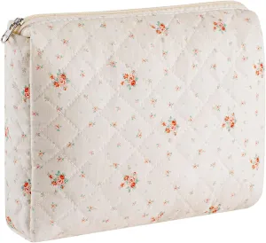 Cute Floral Makeup Bag Large Cotton Quilted Cosmetic Bag, Aesthetic Essential Bag Toiletry Period Bag for Women Travel Accessories (Yellow Small Flowers)